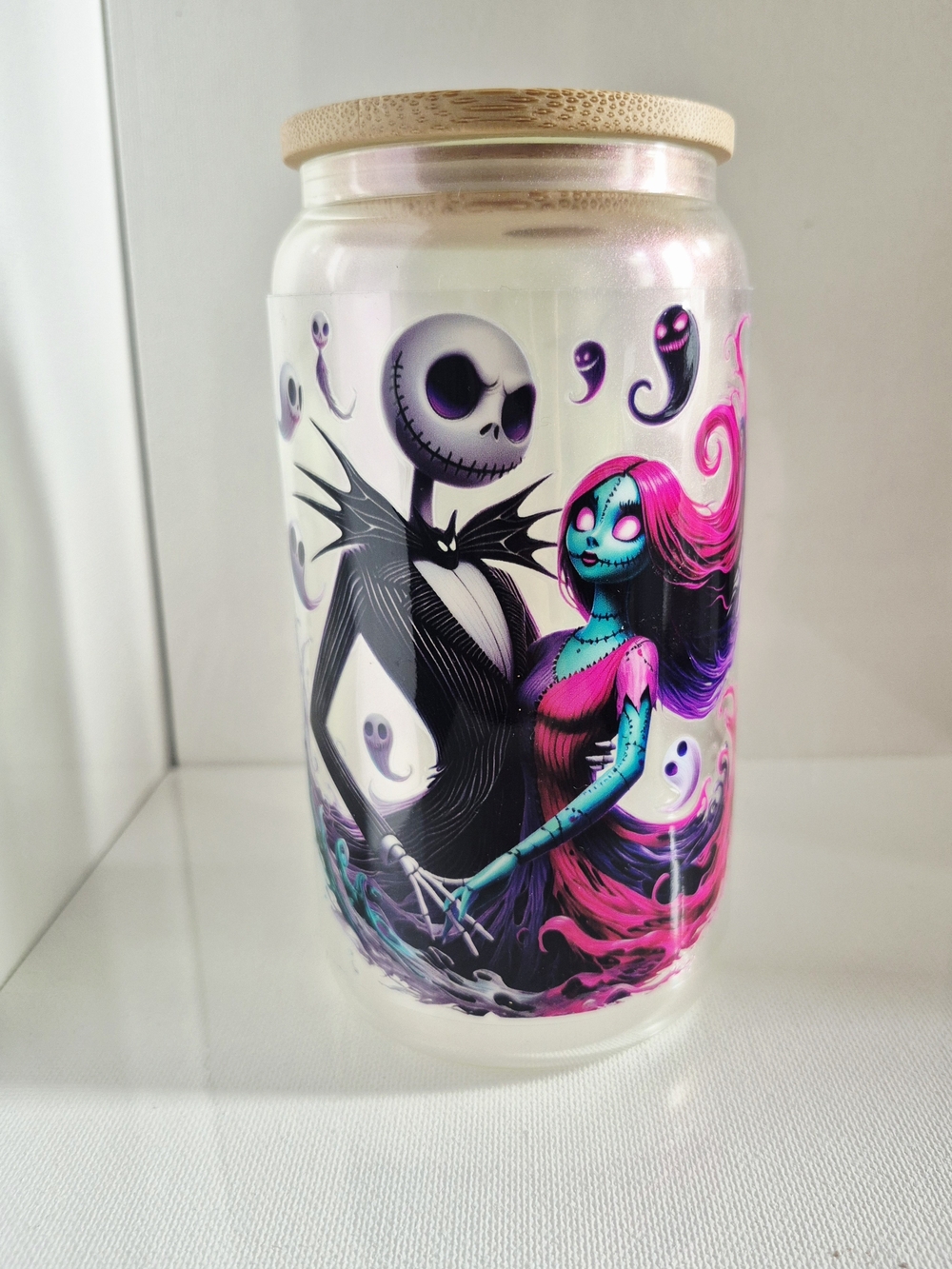 Iridescent Purple Jack Skully 16oz Glass Tumbler Bamboo Lid Straw Made-to-order